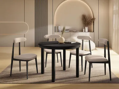 Produktbild von Runder Ausziehbarer Esstisch mit Schwarzem Metallgestell – Tisch mit Schwarzen Metallbeinen im Loft-Stil – Platzsparender Tisch für Wohnzimmer, Esszimmer oder Küche – Schwarz – 100 bis 180 cm