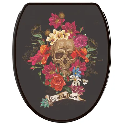 Imagen del producto de SANILO® Asiento de inodoro con sistema de cierre suave y sistema de fijación rápida, diseño "Día de los Muertos". Tapa de inodoro directamente del fabricante. Tapa de inodoro, asiento de inodoro, tapa de váter