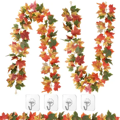Image de Guirlandes de feuilles d'érable artificielles, feuilles d'érable d'automne artificielles, décorations végétales suspendues pour les fêtes et la cheminée, feuilles d'automne artificielles pour l'intérieur et l'extérieur, Halloween, Thanksgiving, décoration de cheminée