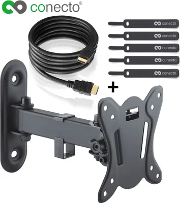 Produktbild von conecto CC50267 Wandhalterung für TV Geräte mit 33-69 cm (13-27 Zoll), neigbar: -12° bis 3°, schwenkbar: -90° bis 90°, Wandabstand: 65-200mm, Traglast: max. 25,0kg, VESA 100x100, schwarz, inkl. GRATIS HDMI-Kabel und Klett-Kabelbinder