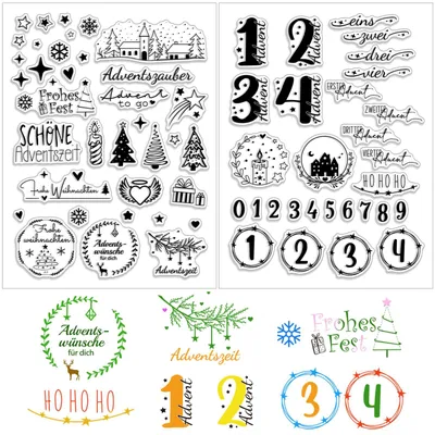 Transparente Stempel 2 Bögen 60 Motive Advent Weihnachten 20x15 cm