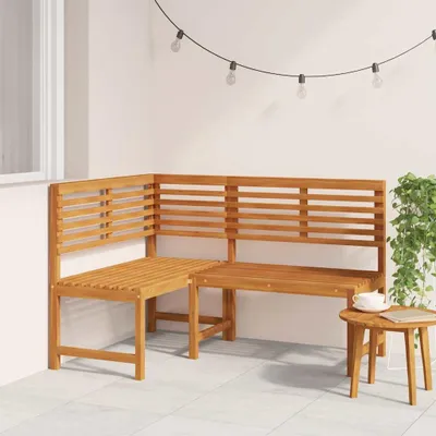 An outdoor patio scene with a wooden corner bench and a small side table.