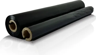 Two black rolls of thermal transfer ribbon on a white background.