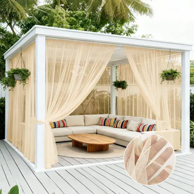 Image de Rideau extra-large d'extérieur en voile, moustiquaire, protection contre les insectes, avec poche pour tringle, pour pavillon, terrasse ou cour, L320 x H213 cm, beige