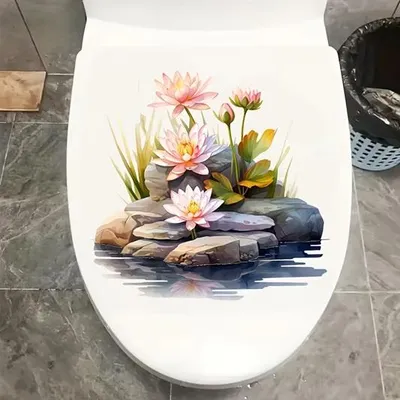 Produktbild von GKA WC Deckel Aufkleber rosa Lotusblumen auf Steinen Toilettendeckel Tattoo selbstklebend Toilette Toilettendeckelaufkleber