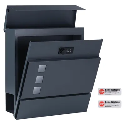 Produktbild von Theo&Cleo Briefkasten Wandbriefkasten mit Zahlenschloss Postkasten Briefkästen mit Zeitungsfach Mailbox Anthrazit 33 X 31 X 10 cm