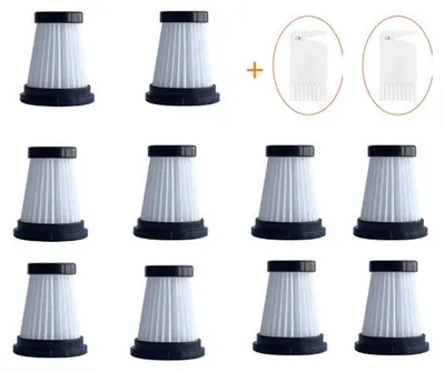 A collection of vacuum cleaner filters arranged in a grid on a white background.