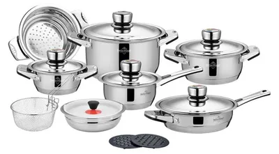 Image de Batterie de Cuisine 17 Pièces tous feux dont induction Zermatt Glacier Collection  Acier Inoxydable Swiss Haus SH-GC1017