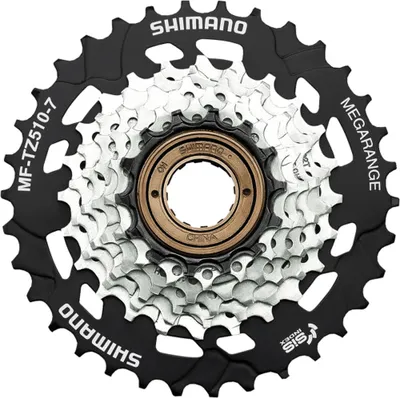 A close-up studio shot of a bicycle cassette.