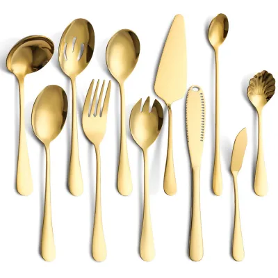 Produktbild von 11-teilig Besteckset, Edelstahl Gebrauchsgegenstände Tafelservice Löffel, Gabel, Sieb, Buttermesser (gold)