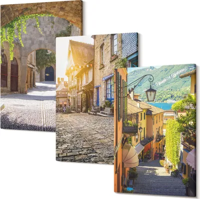 Produktbild von Wandbild – Leinwandbild – Leinwandbilder – Polycanvas – Kunstdruck – Modern – Panorama – Mehrteilig – 3-Teilig Set – Hochwertig – Lichtecht – Geruchslos – 40x60 Cm Je Element - Charmante Straßen mit Steingebäuden und Toren