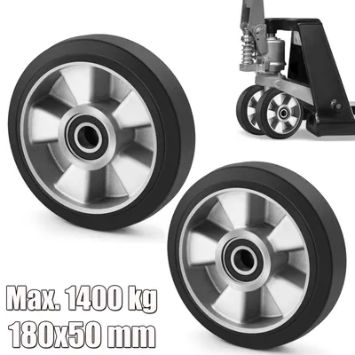 Produktbild von 2 tlg. Set Hubwagenrollen Gummirollen 180 x 50 mm, Tragkraft 1400 KG, Achse 20 mm inkl. Kugellager Rollen für Hubwagen Ersatzrollen, Schwarz