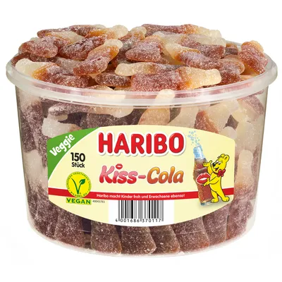 Produktbild von Haribo Kiss Cola kyselé ovocné žvýkačky s cukrem Veggie 1200g