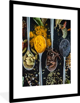 Produktbild von MuchoWow® Gerahmtes Poster Löffel - Gewürze - Lebensmittel - Tisch 60x80 cm - Poster mit Schwarzem Bilderrahmen Wandposter Rahmen Foto Bilder - Wohnzimmer - Dekorationen - Prämie