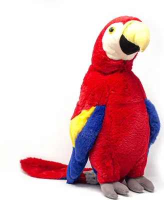 A plush toy parrot is shown sitting against a white background.
