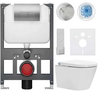 Obrázok produktu pre CERANO – Zavesené WC s bidetom Cronus Pro – lesklá biela – tlačidlo Prime/Modulo, strieborné – zavesené – nízky modul – predstenová inštalácia/sadrokartón – 59,3 x 38,4 cm