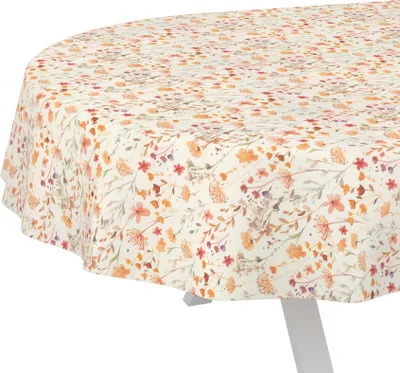 Produktbild von Tischdecke Alessia-Wildblumen Orange-Beige Oval 200x140cm Schnittkante