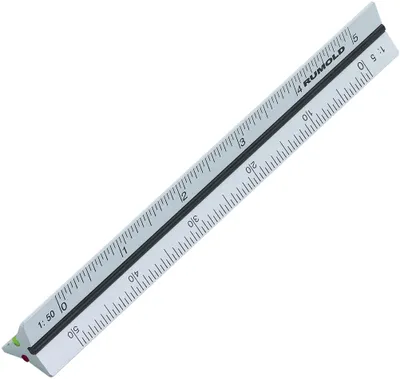 A silver triangular ruler with measurement markings and scale ratios is shown against a white background.