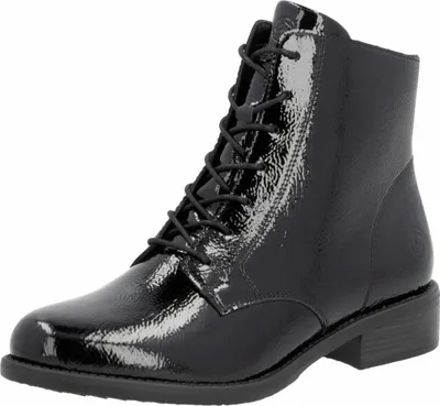 A black patent leather lace-up boot is shown against a white background.