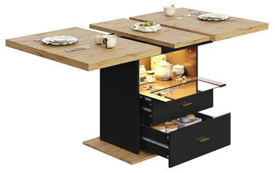 Produktbild von Ausziehbarer Esstisch - Erweiterbarer Tisch - 110–140 x 80 x 75 cm - LED-Beleuchtung - Für 6 Personen - Holzgestell - Modern für Küche, Esszimmer, Terrasse