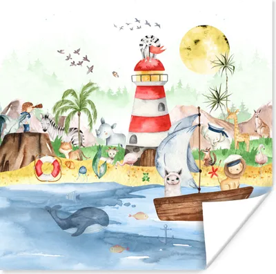 Produktbild von MuchoWow® Poster Strand - Tiere - Kinder - Leuchtturm - Jungen 50x50 cm - Wohnzimmerdekoration