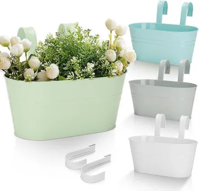 Produktbild von Vier metallene hangende Blumengärten 27 cm - Farbige Zaunhalter für Blumengärten - Große Balkonpflanzentöpfe für Reling, Außen, Wohnaccessoires mit Entfernbar.