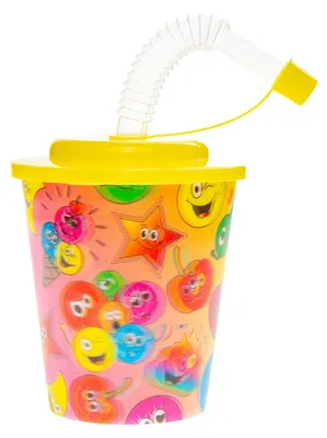 Image de Gobelet coloré avec couvercle et paille visage souriant - lot de 12