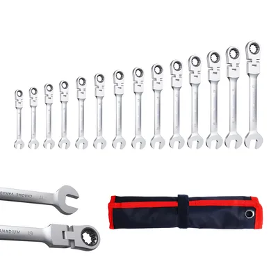 Produktbild von 14tlg Gelenk-Ratschenschlüssel-Satz, Ringratschenschlüssel Gabelschlüssel 6-22mm, Cr-V 72 Zähne, Werkzeug Set für Auto Reparatur, 180° Flexibel, inkl.