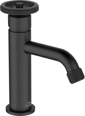 A black washbasin faucet with a round handle.