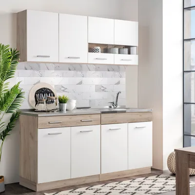 Image de Cuisine linéaire Homestyle4u, largeur 80 cm, finition mate, blanc clair, cuisine intégrée, idéale pour les studios, avec éléments en chêne