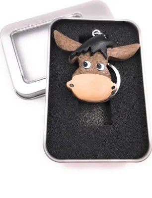 Image de Porte-clés bois tête de vache tête d'âne ferme animal bovin veau vache âne pendentif en boîte cadeau