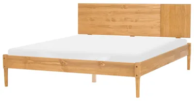 Produktbild von BELIANI Bett Hellbraun Kiefernholz mit Lattenrost 160x200 cm hohes Kopfteil Lamellenoptik ohne Fußteil Skandi Design Bettrahmen Holzbett Doppelbett