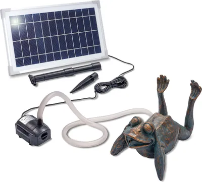 A solar-powered fountain pump with a frog-shaped water spout and a solar panel.