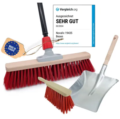 Produktbild von Novaliv Straßenbesen Set 40 cm I Besen Kehrblech und Handfeger Teleskopstiel I Elaston rot I mit Stiel ausziehbar I Industriebesen Kehrbesen Gartenbesen Hofbesen