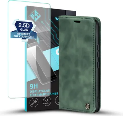 Produktbild von Handy Hülle für Xiaomi Redmi 15 / 15 5G mit 9H Displayglas Klapphülle Bookcase Flip Cover Handy Tasche Etui Farbe: Grün