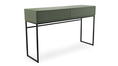 A green console table with two drawers on a white background.