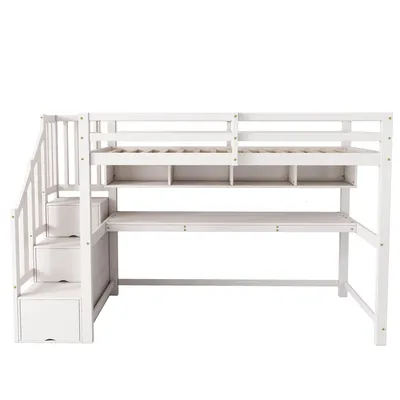 Produktbild von Flieks Etagenbett 90x200cm mit Treppe, Hochbett mit Schreibtisch und Bücherregal, Kinderbett mit Rausfallschutz & Lattenrost, Stockbett Weiß