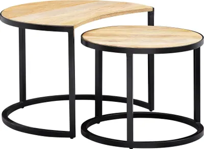 Produktbild von Couchtisch 2er Set Mango Massivholz / Metall Wohnzimmertisch Rund | Industrial Beistelltisch mit Metallbeine Schwarz | Tischset 2-teilig Satztisch Holz