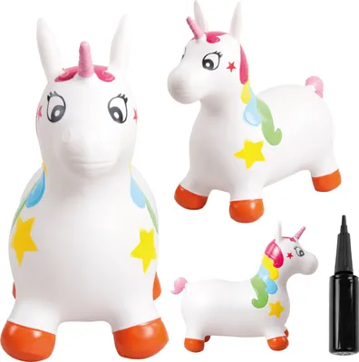 Obrázok produktu pre SUN BABY skákacie zvieratká od 1 roka s pumpičkou nafukovacia skákacia hračka z kvalitnej a odolnej gumy biely jednorožec s ružovým rohom