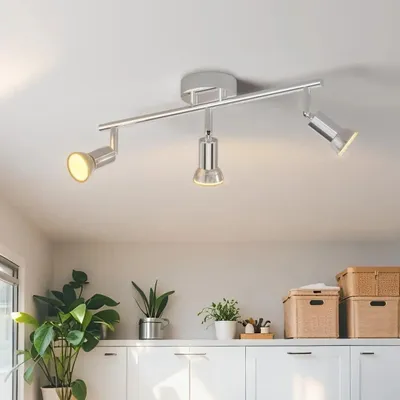 Zdjęcie produktu dla LVWIT Oświetlenie sufitowe LED, reflektor 3-punktowy, oprawa GU10, nowoczesny, chromowany, ruchomy (kąt nachylenia 350°), obrotowy, lampa sufitowa, reflektor, do kuchni, salonu, sypialni. (Bez żarówek)