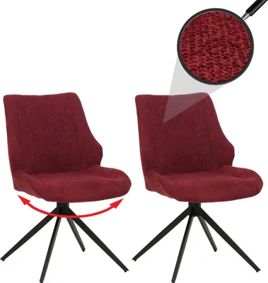 Two red swivel chairs with black legs are shown against a white background. A magnified view of the fabric texture is shown in the top right corner. An arrow indicates the swivel motion of the chair on the left.