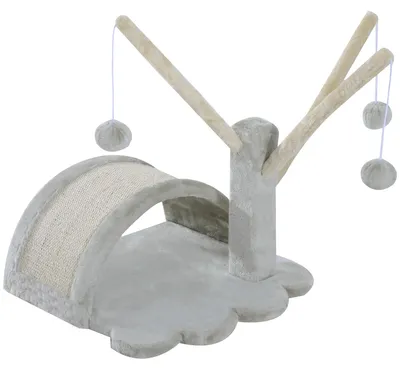 Obrázek produktu pro Kočičí škrábací strom – Malý lezecký strom s úkrytem – 40 cm – 2 hračky (míčky) – Škrabací podložka – Plyš – Světlě šedá