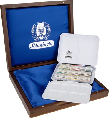 Produktbild von Schmincke Horadam Aquarellkasten in dunklem Holzkasten 18x 1/2 Näpfchen 74 886 097