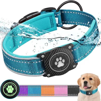 Image de Collier pour chien avec support pour AirTag, lumineux, étanche, réfléchissant, bleu, taille L (40,6-48 cm)