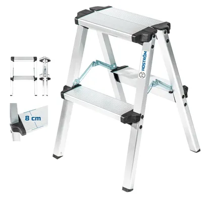 Productafbeelding van Trapladder met 2 treden, opvouwbaar en aluminium, maximale werkhoogte 2,08 m