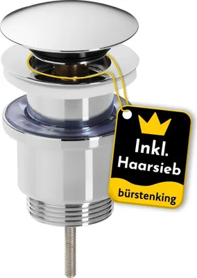 Produktbild von Bürstenking Ablaufgarnitur Waschbecken – Ablaufventil mit Haarsieb – für Waschbecken & Waschtisch – 1 1/4" Anschlussgewinde & M6 Schraube – Push-Open Funktion – mit Überlauf – ø 63 mm – Chrom Silber