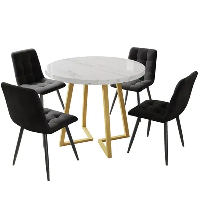 Image de Sweiko Ensemble de table de salle à manger (5 pièces), ensemble de table de salle à manger moderne avec 4 chaises, ensemble de table de cuisine, table de cuisine ronde de 80 cm de diamètre avec pieds en métal doré, plateau en MDF blanc, chaises en velours noir