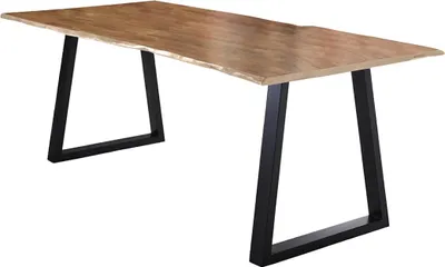 Produktbild von Esstisch 240x100 cm Lubin, Akazienholz naturfarben, Massiver Esszimmertisch mit echter Baumkante, Baumkantentisch mit V-Gestell Schwarz, Holztisch mit 26 mm Tischplatte
