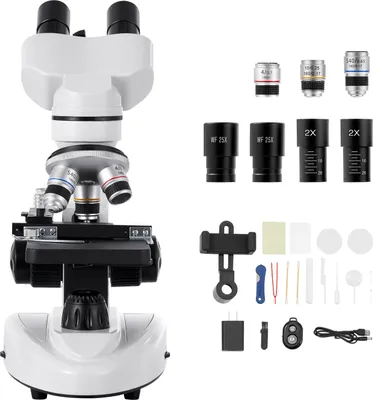Immagine prodotto di SucceBuy microscopio binoculare per adulti, set di microscopi composti con ingrandimento 40-2000x, robusto alloggiamento in alluminio, dotato di illuminazione a LED e supporto per telefono, ideale per laboratorio e scuola