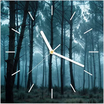 Produktbild von Wanduhr aus Glas mit Motiv Nebeliger Wald- 30 x 30 cm - inkl. Aufhängesystem